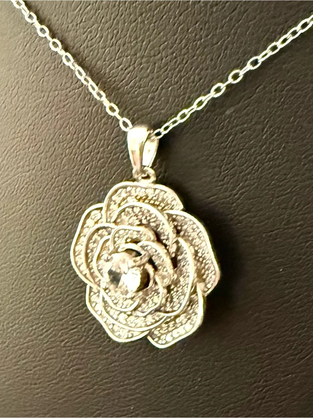 Cote d’Argent 925 Sterling Silver CZ Crystal Rose Flower Pendant Necklace